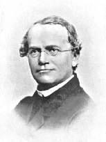 A black-and-white sketch shows a portrait of the scientist Gregor Mendel. Mendel is wearing a black suit jacket over a black shirt with a white collar. He has short hair with a receding hairline and lacks facial hair. He is also wearing light framed glasses.