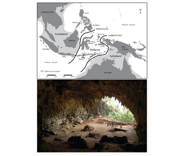 Un mapa de la isla del sureste de Asia en la región de Flores y una fotografía de la cueva de Liang Bua, donde el Homo floresiensis <i> se recuperaron </ i> fósiles.
